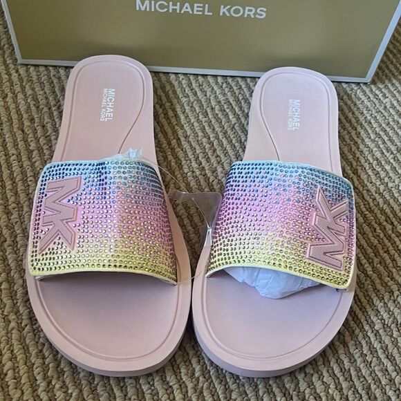 NWT MICHAEL KORS Rhinestone logo pool slide sandals 7 - Picture 1 of 8